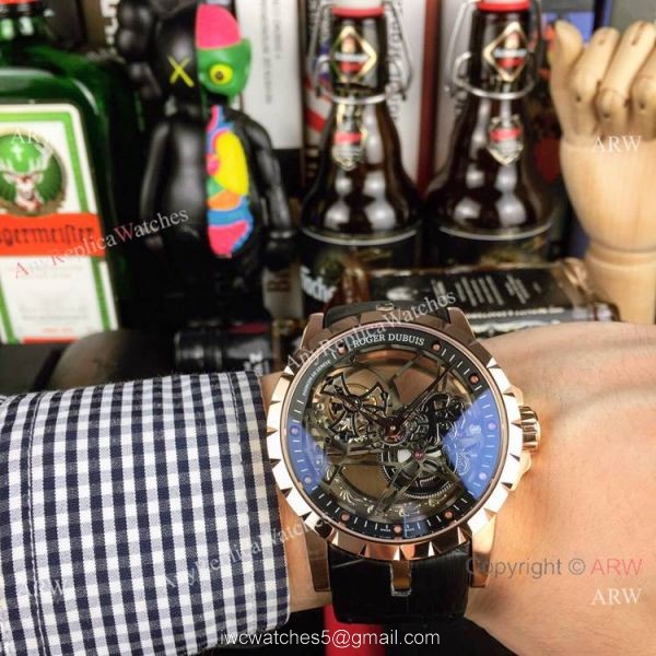 Copy Roger Dubuis Excalibur Flying Tourbillon Watches SS Gray Leather Strap 7