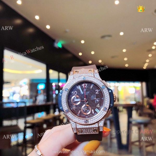 Copy Hublot Big Bang Rose Gold Diamond Blue Dial Watches 7