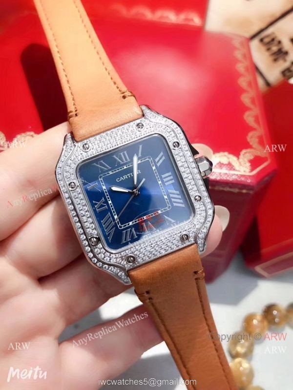 Cartier Santos 100 Diamond Replica Watch SS Diamond Case Blue Leather Strap 7
