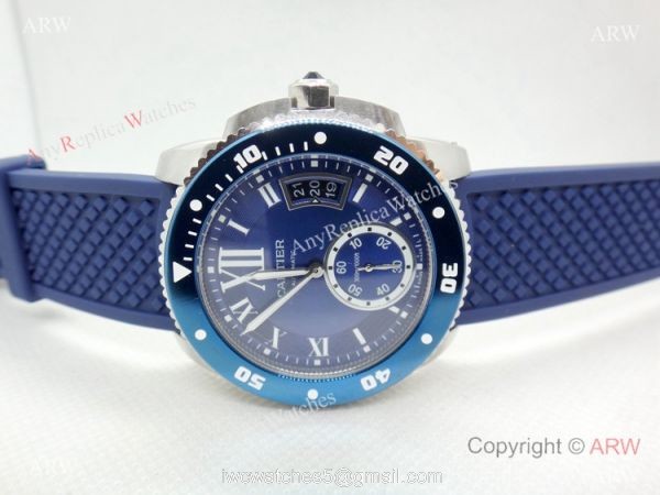 Copy Cartier Calibre De Diver SS Blue Rubber Strap Watch Low Price 7