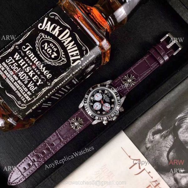 Rolex Daytona Rainbow Replica Automatic Watch Black Dial Purple Leather Strap 7