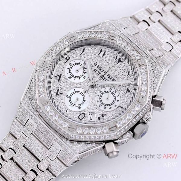 New Replica Audemars Piguet Royal Oak Full Iced Out Watch SS Arabic Scripts Dial 7