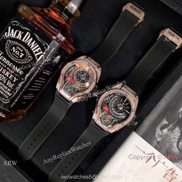 Swiss Quality Hublot Tourbillon Skeleton MP-09 Bi-Axis Watch Rose Gold Diamonds 7