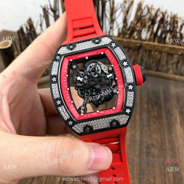 Swiss Grade 1 Richard Mille Rm055 Diamond Watch V2 version Red Rubber Strap 7
