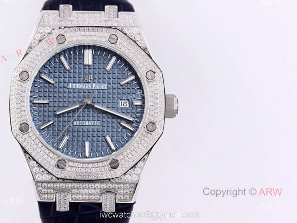 Swiss Replica Iced Out Audemars Piguet Royal Oak Blue Dial Watch Blue Leather Strap 7