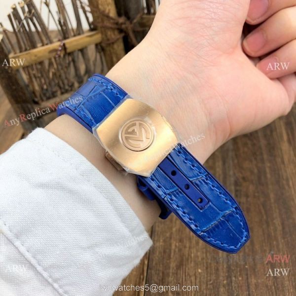 Replica Franck Muller Vanguard V45 Automatic Watch Rose Gold Blue Gummy Strap 7
