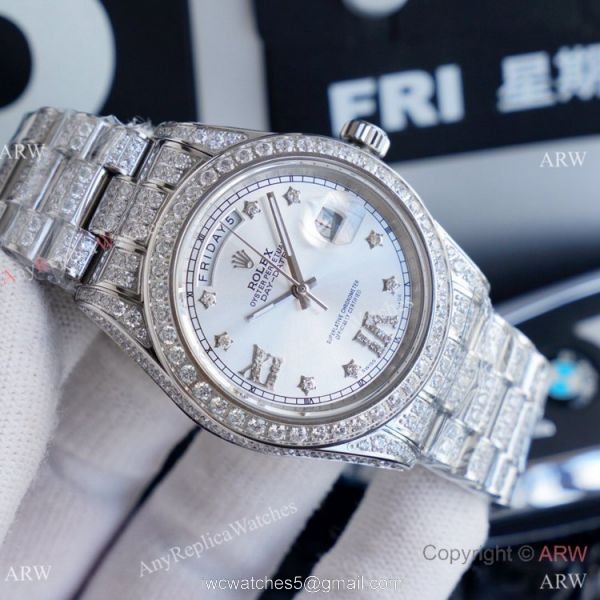 Replica Rolex Day Date II Watches Stainless Steel Iced Out Diamond Case 7