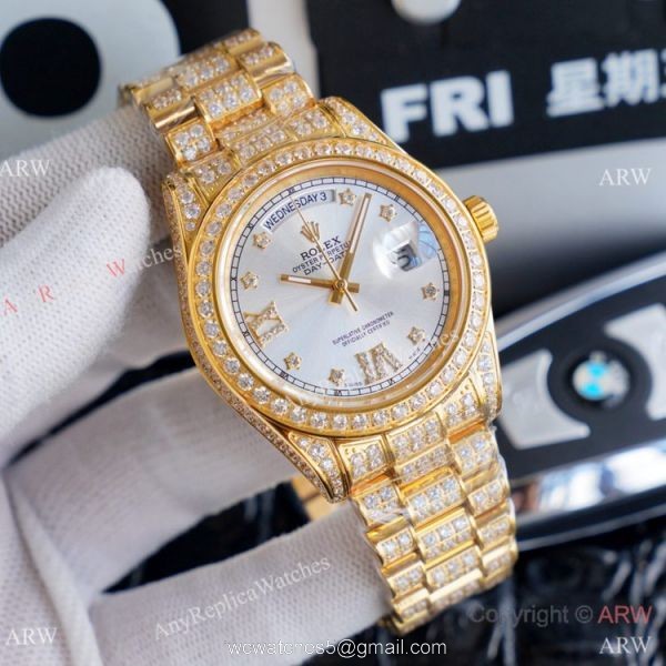 Replica Rolex Day Date II Watches Gold Iced Out Diamond Silver Dial 7