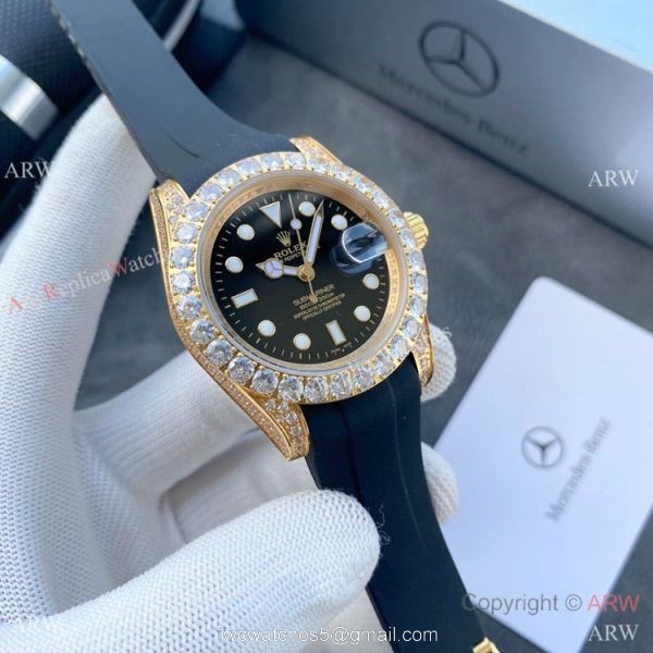 Top Replica Rolex Submariner Iced Out Diamond Watches 40mm Gold Case Blue Rubber Strap 7