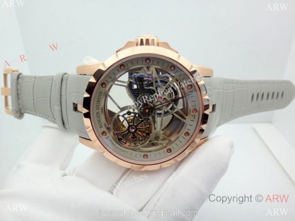 Copy Roger Dubuis Excalibur Flying Tourbillon Watch Rose Gold Gray Leather Strap 7