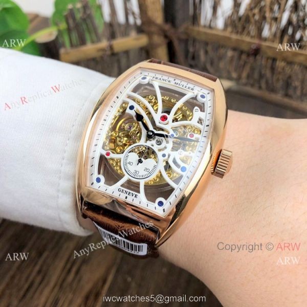 Knockoff Franck Muller Cintree Curvex Skeleton Watches SS Diamond Brown Leather Strap 7