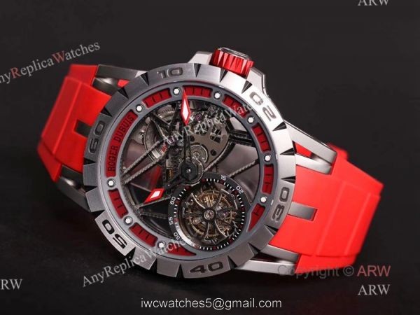 Swiss Replica Roger Dubuis Excalibur Spider Tourbillon Skeleton Watch With Red Rubber Band 7