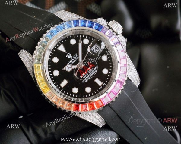 Top Replica Rolex Submariner Watch Rainbow Bezel Blue Rubber Strap 7