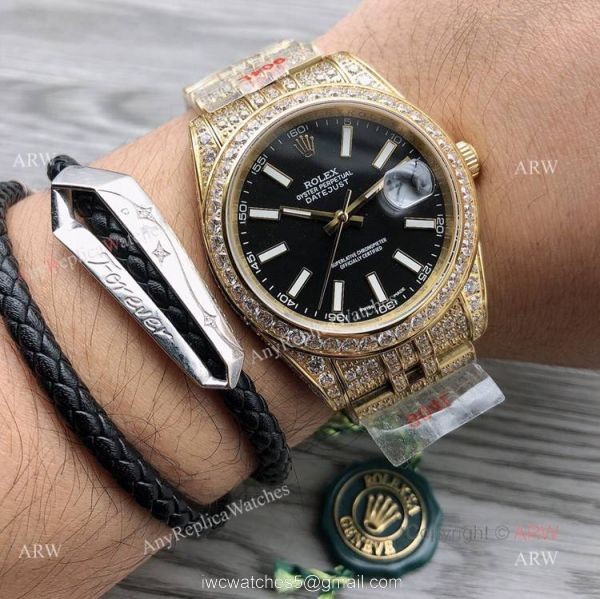 Copy Gold 41mm Datejust Rolex Iced Out Diamond Watches Swiss 3255 Jubilee Bracelet 7