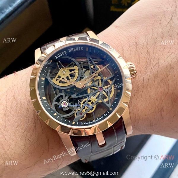 New Copy Roger Dubuis Excalibur 46mm Watch Rose Gold Black Hollow Dial 7