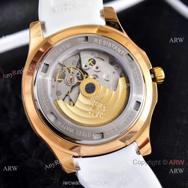 Clone Patek Philippe Aquanaut Engraving Watches Gold and Brown Rubber Strap 7