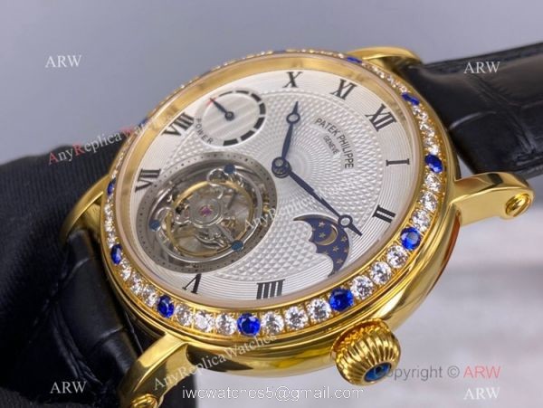 Super Clone Patek Philippe Tourbillon Moon phase Diamond Watch Gold Power Reserve 7
