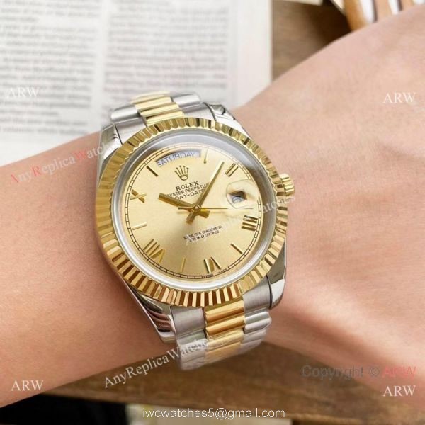 Copy Rolex Day Date 40mm Watches Chocolate Dial Two Tone Presidential Band 7