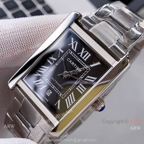 Yellow Gold Cartier Tank Automatic Copy Watch In Black Leather Strap White Dial 7