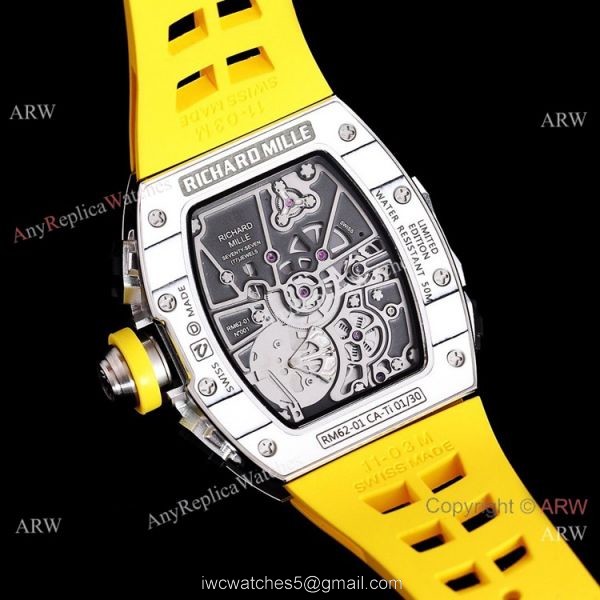 Replica Richard Mille RM 62-01 Tourbillon Watch Yellow Rubber Band Strap 7