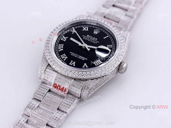 Fully Iced Out Rolex Watch For Mens Rolex Datejust 126334 Black Dial Roman Numerals Replica 7