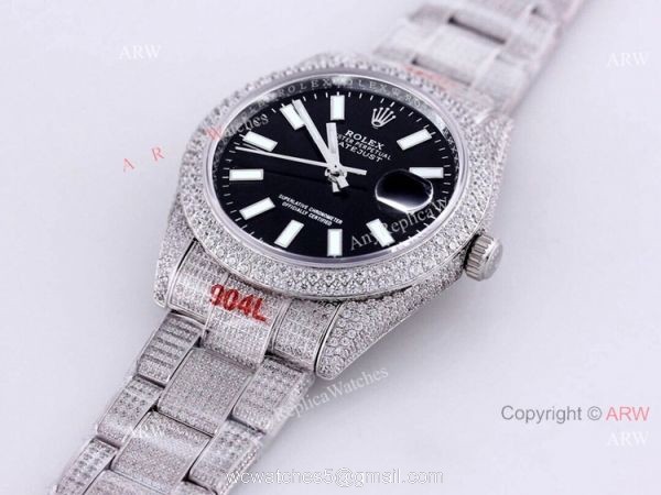 Fully Iced Out Rolex Datejust 126334 Black Dial Oyster Bracelet Replica Watches 7