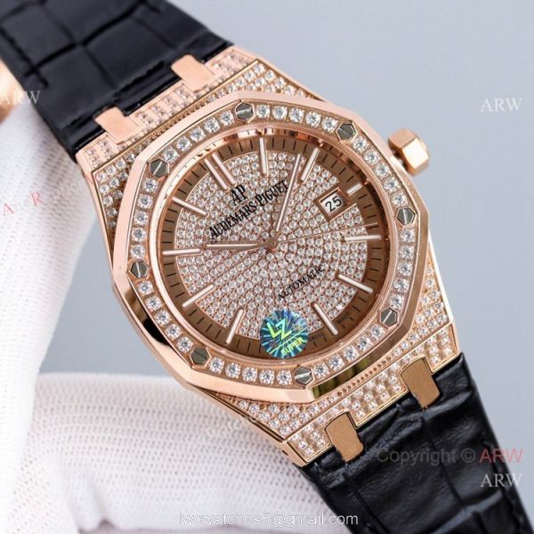 Full Diamonds Audemars Piguet Royal Oak 15400 Rose Gold Automatic Watch 41mm Replica 7