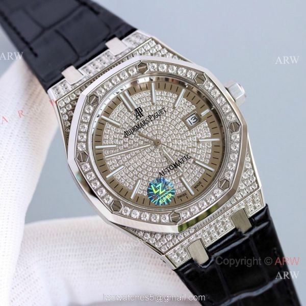 Diamond Audemars Piguet Royal Oak 15400 Watch With Black Leather Strap Best Replica 7