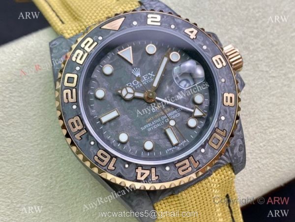 2021 Super Clone Rolex Diw GMT-Master 2 Watch JH Factory Cal.3186 Movement Carbon Case Khaki fabric Leather Strap 7