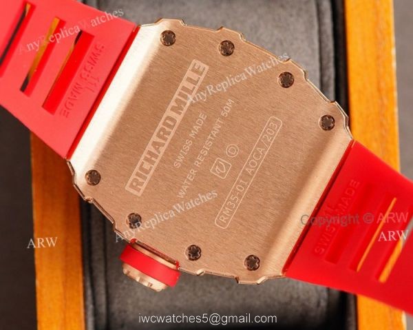 (RM Factory) Knockoff Diamond Richard Mille RM35 01 Rose Gold Watch Red Rubber Band 7