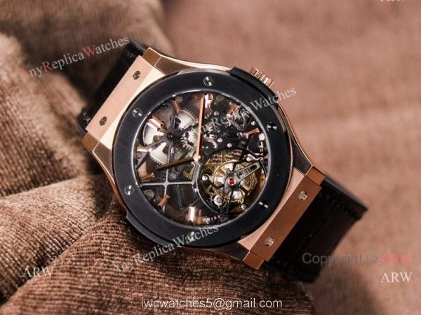 Rose Gold Hublot Classic Fusion Skeleton Tourbillon Black Bezel Watch Best Replica 7