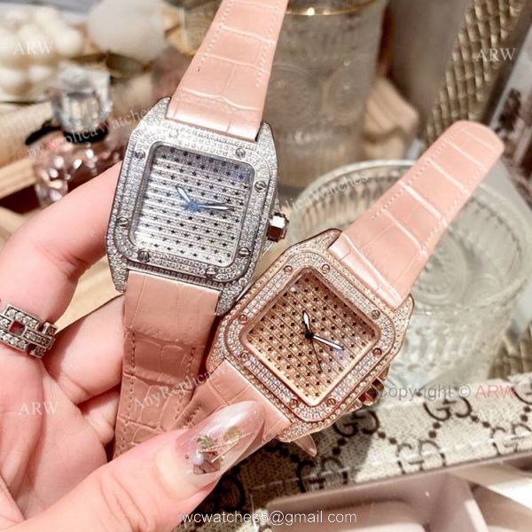 36mm Ladies Cartier Santos 100th Anniversary Full Diamonds Watch Swiss Replica 7