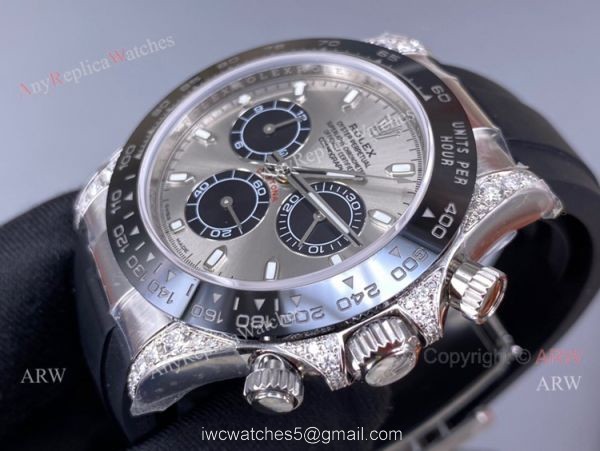 Pre-Sale Noob Factory Rolex Daytona Grey Dial Rubber Strap Swiss 4130 Watch with diamonds on the lugs 7