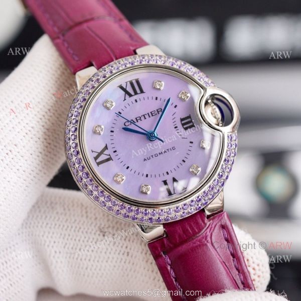 New Cartier Ballon Bleu 33mm With Diamonds Bezel Pink MOP Dial Pink Leather Strap Copy Watch 7