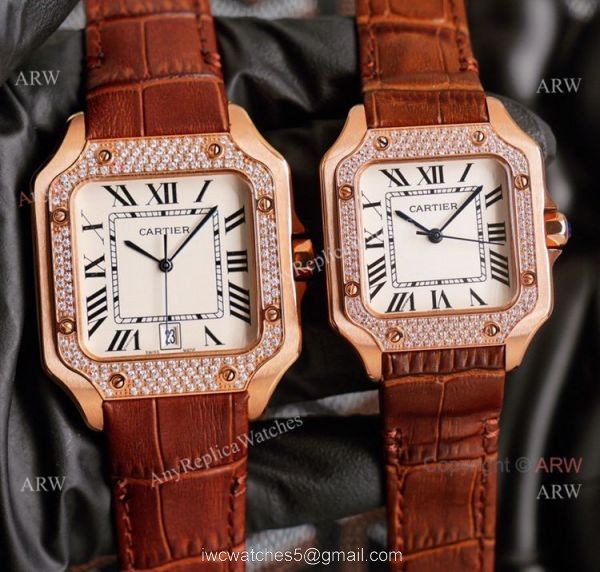 Replica Cartier Santos Yellow Gold White Dial Watch With Diamonds For Men And Women 7