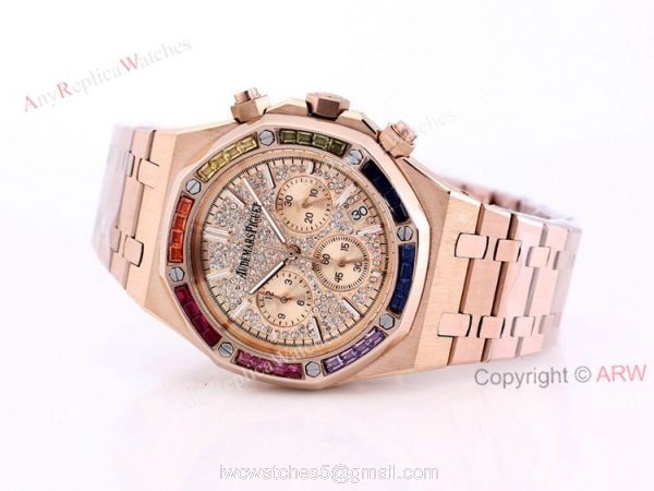 New Frosted Audemars Piguet Rose Gold Royal Oak 41mm Rainbow Diamond Watch Replica 7