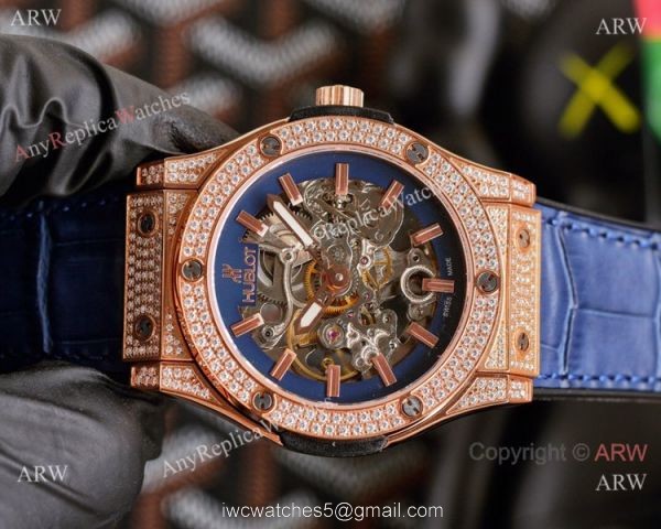 Copy Hublot Classic Fusion Hollow Rose Gold Iced Out Watches 7