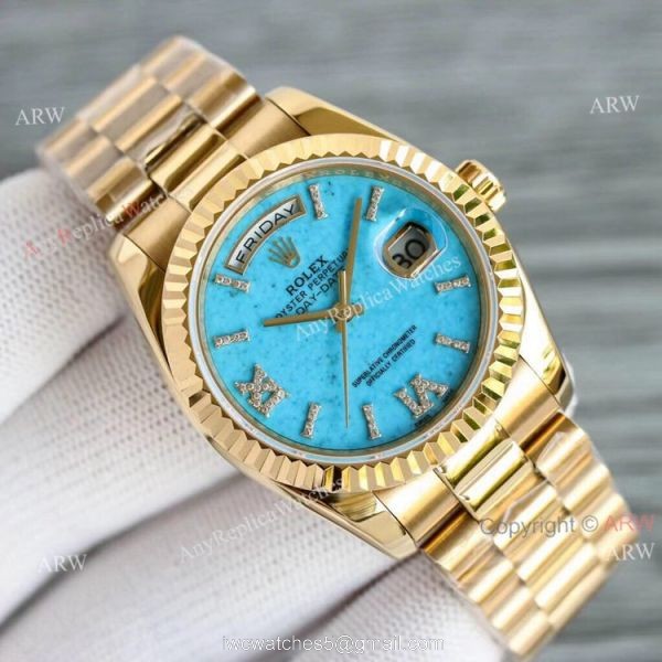 New Yellow Gold Rolex Day Date 36mm Turquoise Roman Dial M128238-0071 Replica Watch 7
