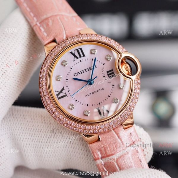 New Ladies Cartier Ballon Bleu 33mm Rose Gold diamond Purple Dial Purple Leather Strap Replica Watches 7