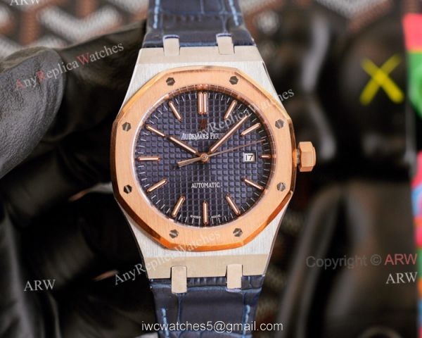 High End Replica Audemars Piguet Royal Oak Rose Gold Grey Dial Automatic Watch With Diamonds Black Leather Strap 7