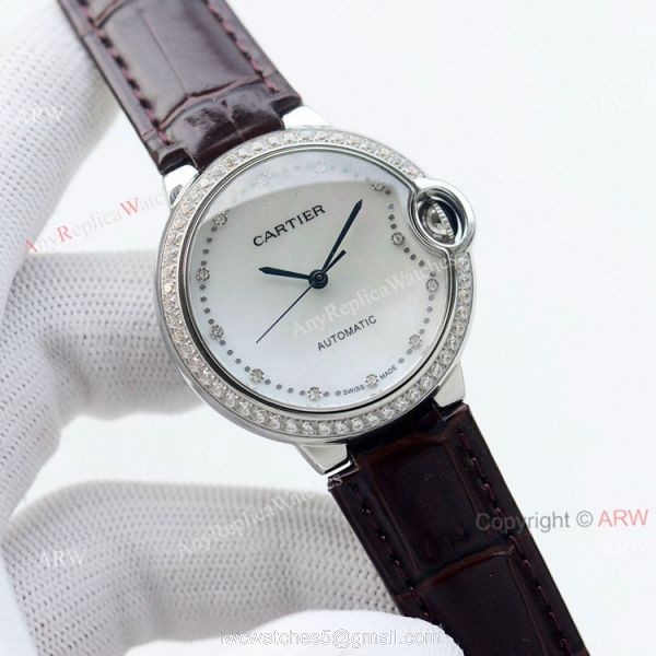 Swiss Quality 36mm Cartier Ballon Bleu Ladies Replica Watch With Diamond Bezel Brown Leather Strap 7