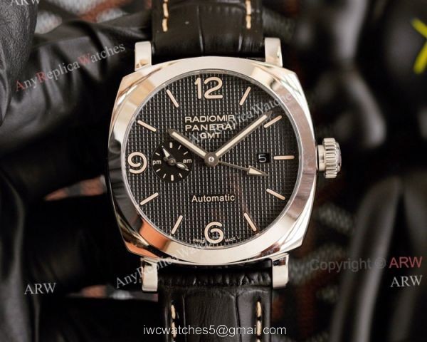 All Black Panerai Radiomir GMT Automatic Watch 45mm Brown Leather Strap High Copy 7