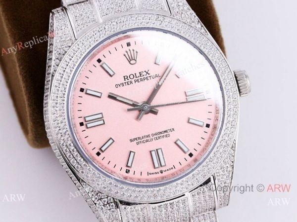Swiss Quality Copy Rolex Iced Out Oyster Perpetual 41 Watch Candy Pink Dial Mingzhu Movement 7