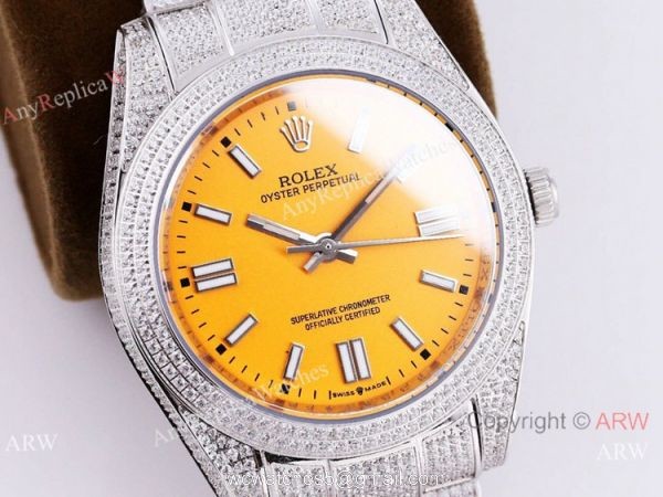 Swiss Quality Iced Out Rolex Oyster Perpetual 41 Wrist Yellow Dial Full Diamond Case 7