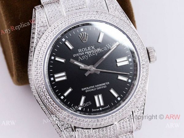 Swiss Quality Iced Out Rolex Oyster Perpetual 41mm Watch Full Diamond Case Black Dial 7
