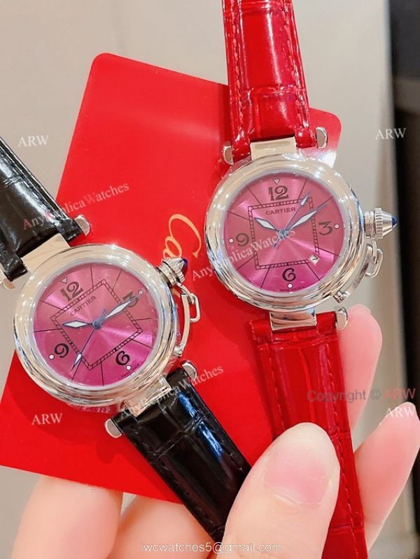 Knockoff Ladies Cartier Pasha Watch Fuchsia Dial Fuchsia Leather Strap 7