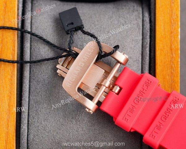 (RM Factory) Knockoff Richard Mille Rm010 Rose Gold Skeleton Watch Red Rubber Strap 7