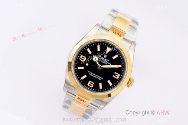 (EW Factory)Swiss Copy Rolex Explorer 36mm EWF 3230 904L Two Tone Black Dial Bracelet 7