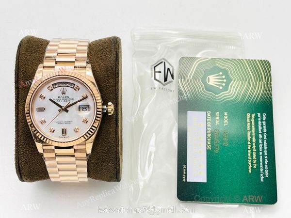EW Factory V2 Super Clone Rolex Rose Gold DayDate 40 EWF 3255 White MOP Rose Gold Bracelet with nfc card 7