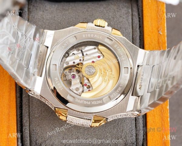 Swiss Replica Patek Philippe Nautilus 9015 Ultra-thin Watch Two Tone Iced Out Case 7